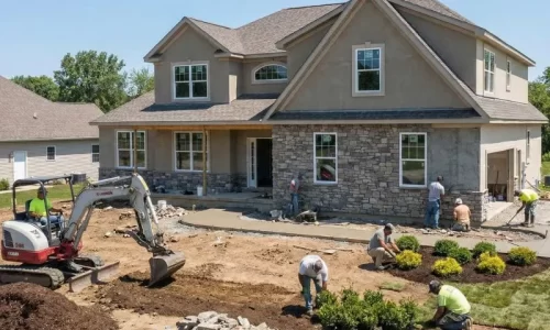 Exterior finishes + grading + landscaping
